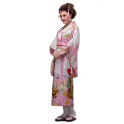 Модные женские Японский розовый традиционные шелковые кимоно платье юката с Оби вечернее платье сцены заказчика один размер