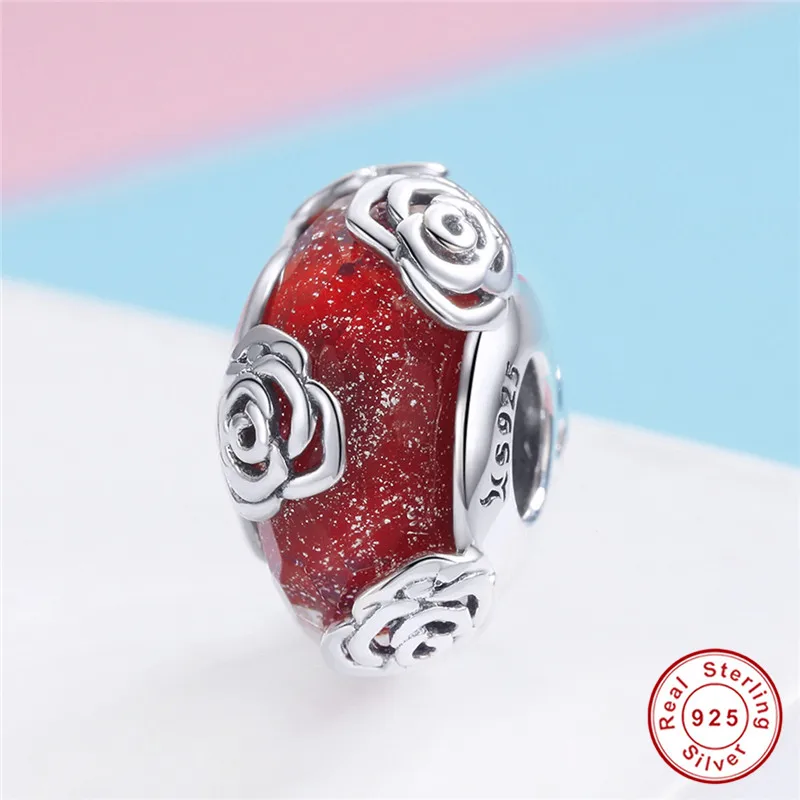 

fit Pandora Bracelet Original 925 Sterling Silver Red Rose Glass Beads S925 Stamp Vivid Flower Pendant Necklace Beads Jewelry