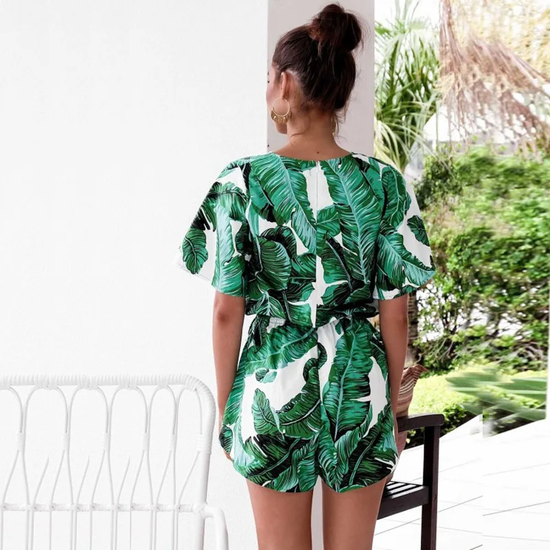 2018 Deep V Neck Summer Bodysuits Women Green Leaves Print Beach Playsuit Female Short Overalls Jumpsuit Casual Boho Bodysuit 2018 Deep V Neck Summer Bodysuits Women Green Leaves Print Beach Playsuit Female Short Overalls Jumpsuit Casual Boho Bodysuit