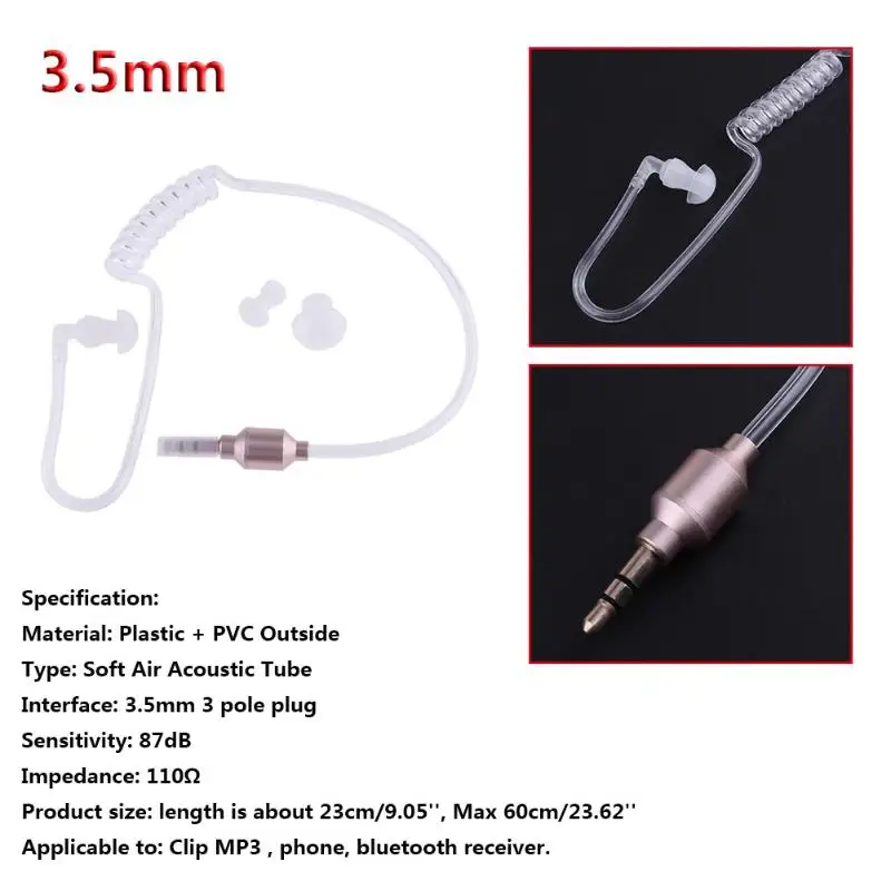 모노 3.5mm 소프트 에어 어쿠스틱 튜브 이어폰 스테레오, 방사선 방지 이어폰 헤드셋, 무선 블루투스 클립 장치