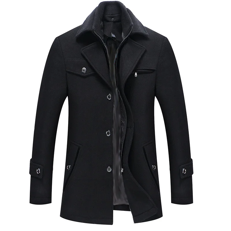 Mens Fashion Boutique Wool Pure Color Business Standing Collar Woolen Dust Coats / Male Quality Slim Leisure Trench Coats - Цвет: BLACK