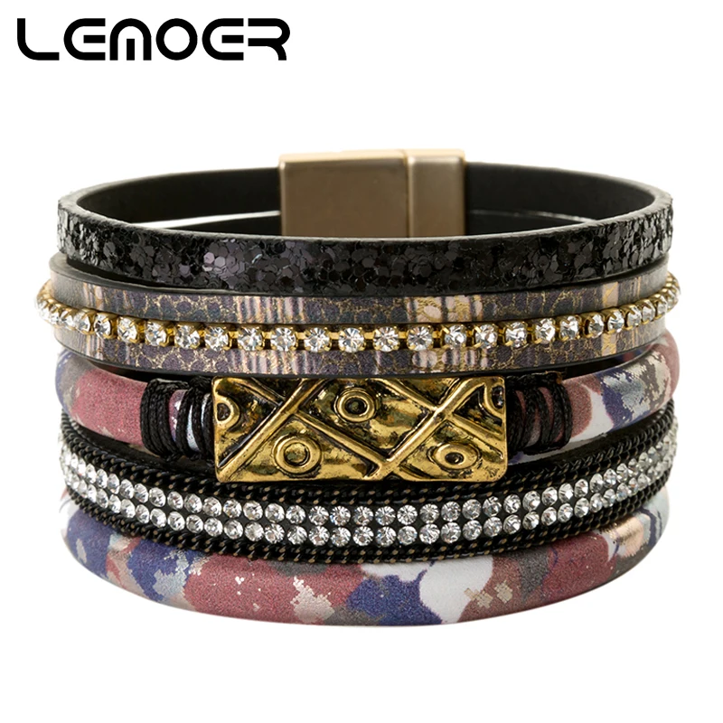 LEMOER дизайнерские хрустальные стразы кожаные браслеты ручной работы многослойные кожаные браслеты широкий Магнитный ювелирные изделия для женщин подарок