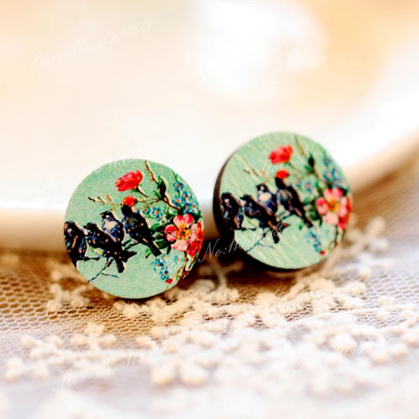 

Unique 3D Birds Embossed 16mm Round Coloured Drawing pattern Laser Cut wood Cabochon DIY for Rings, Earring,Brooch,Necklace