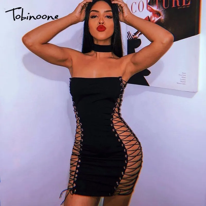 

Tobinoone Sexy Bandage Dress 2018 Women Summer Sleeveless Hollow Out Lace Up Party Bodycon Mini Dresses Clubwear Vestidos