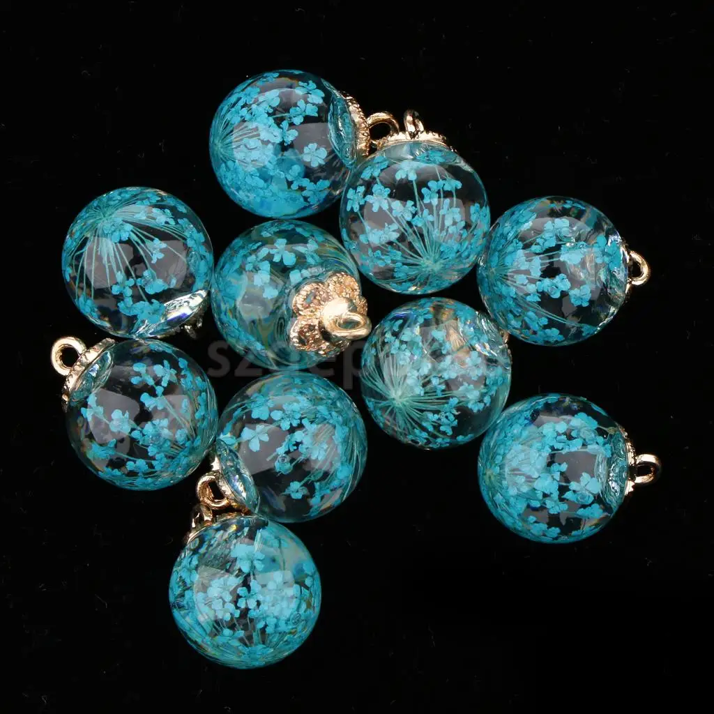 10pcs Dried Flower Glass Ball Pendant with Flower Cap DIY Earring Dangle Craft Findings Loose Beads
