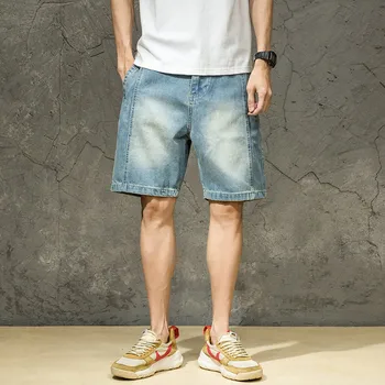 

2019 New Men's Modis Denim Shorts Men's Five-point Shorts Light color Loose Large size Washed Straight 5 points pants tide