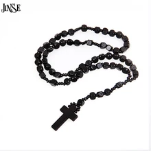 JINSE Wooden Rosary Bead Necklace Dark Black Ladies Mens Cross Crucifix Necklace Wholesale RON004