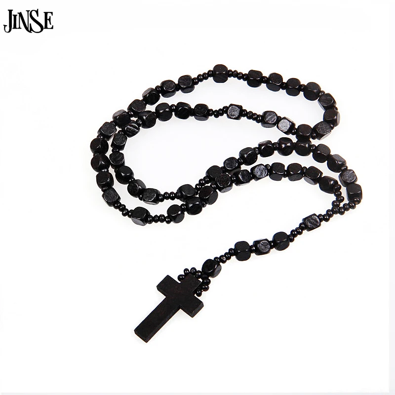 JINSE Wooden Rosary Bead font b Necklace b font Dark Black Ladies Mens Cross Crucifix font