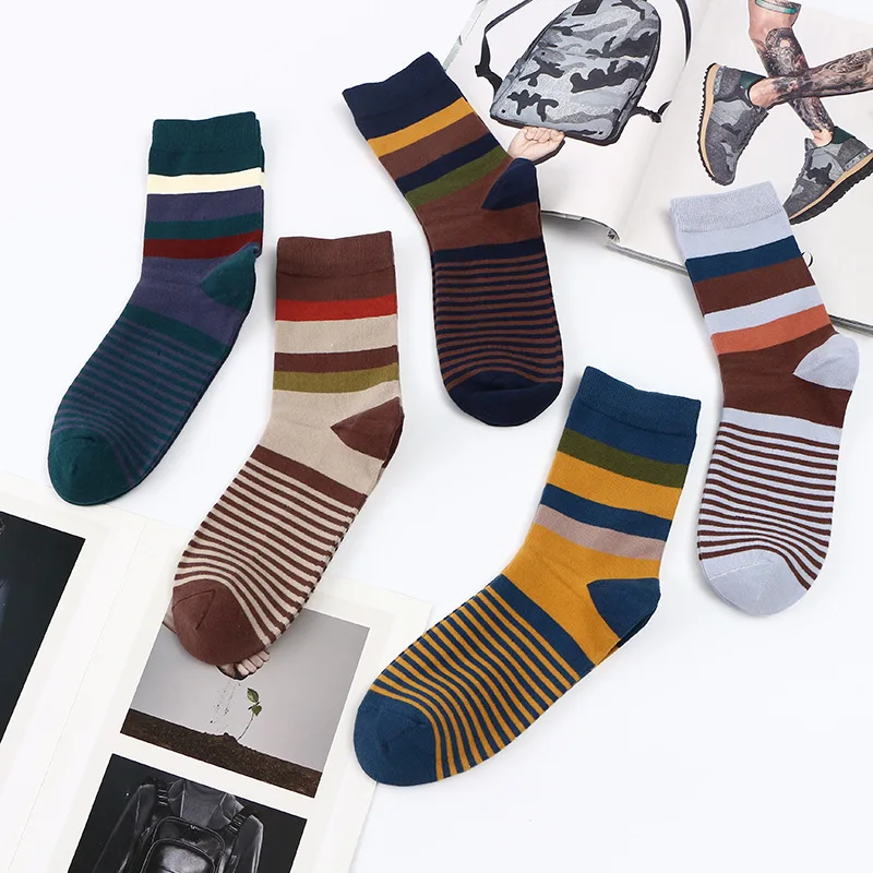 5 пара/лот, мужские носки из чесаного хлопка, осенние и зимние Компрессионные носки, Модные цветные носки с квадратным рисунком, мужские носки, размер 39-45