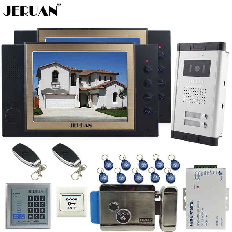 

JEX Apartment 8`` Video Door Phone Record Intercom System kit 700TVL Camera RFID Access Control 2 Remote Control For 2 House