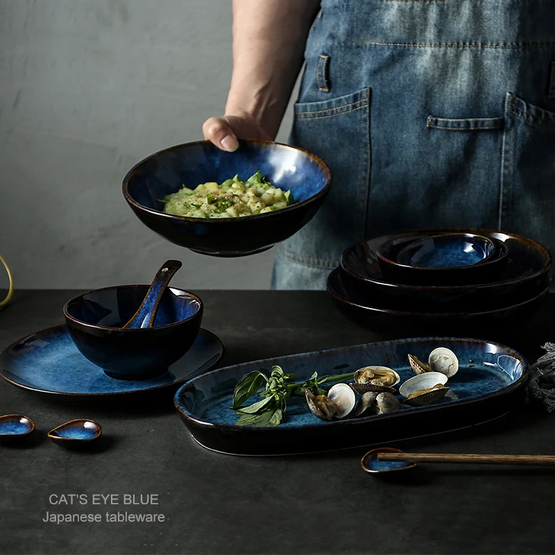 KINGLANG Ceramic Dinnerset Deep Blue Rice Noodle Bowl Cup Sauce Dish Dinner Set Tableware