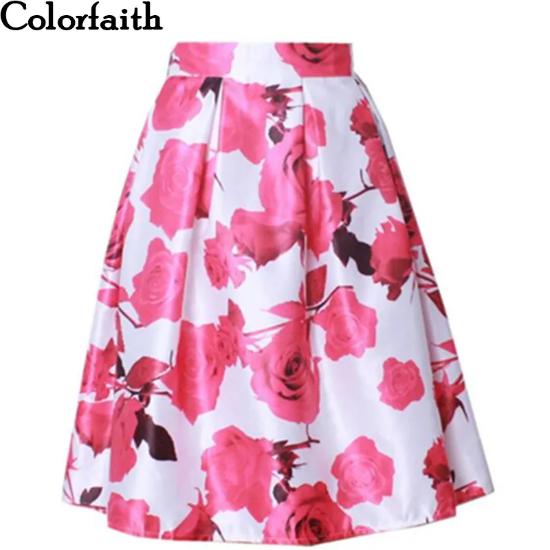 

New 2016 Spring Satin Skirt Womens Fall Vintage Rose Floral Painting Printed Ball Gown Pleated High Waist Midi Skirt Saia SK033