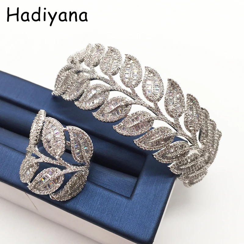 

Hadiyana Luxury Cubic Zirconia Dubai Bangle Ring Set Women Adjustable Size Gold Color Leaves jewelry Set Party BS3010