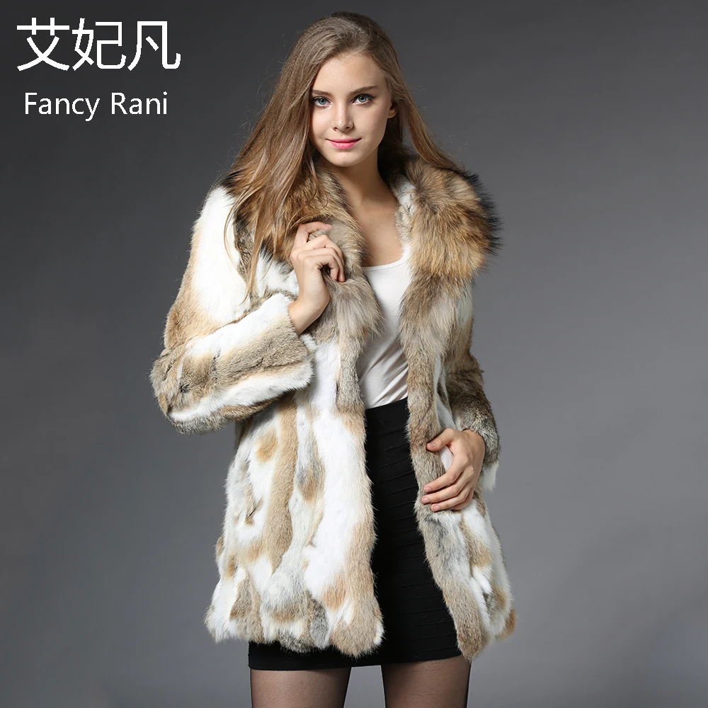 Fashion Genuine Rabbit Fur Coat with Big Raccoon Collar Natural Fur