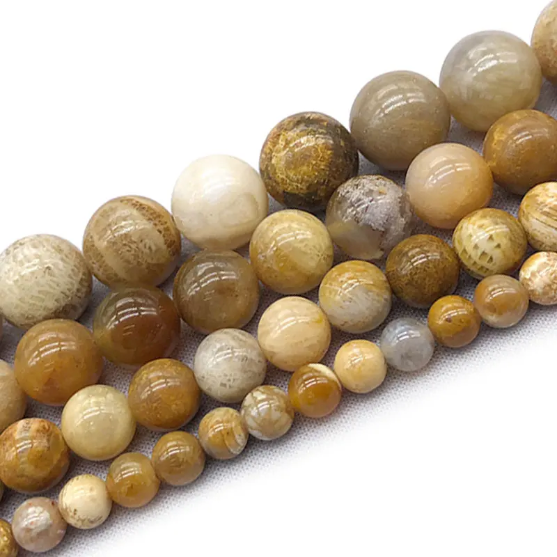 4-12mm Round Light Yellow Fossils Coral Jaspers Beads Natural Stone For Jewelry Making 15'' Needlework DIY | Украшения и