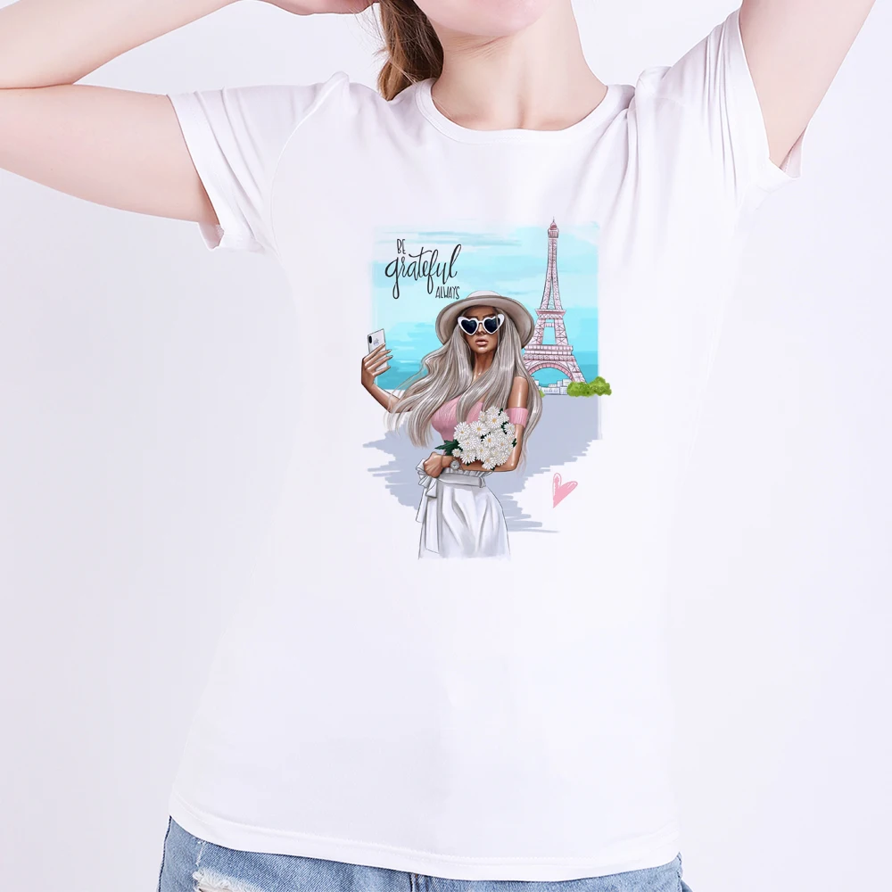 

BE GRATEFUL AlWAYS Fashion Cartoon Girl Modal Vogue Women Summer Tshirts Lady Casual White Short Sleeve Clothes Female T Shirt
