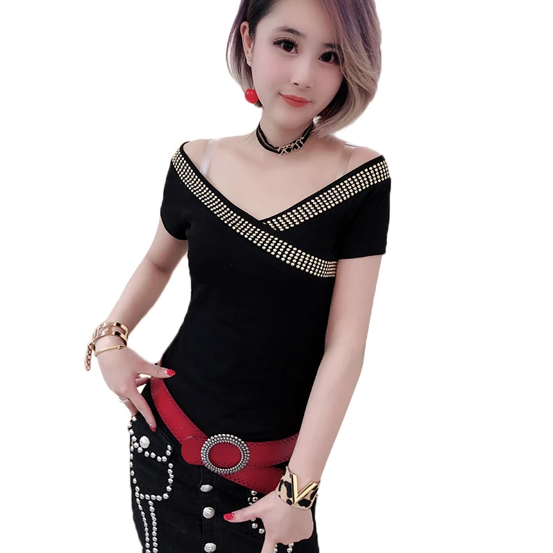 

Sexy Off Shoulder Diamonds Pullover Tshirt 2019 Spring Summer New Women Short Sleeve Slash Neck Top Shirt Clothes T94140L