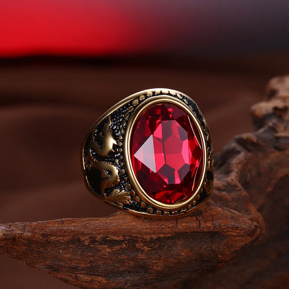 

Ajojewel us size 7-10 Golden Men's Vintage Dragon Ring Stainless Steel Annel With big Red Crystal Stone