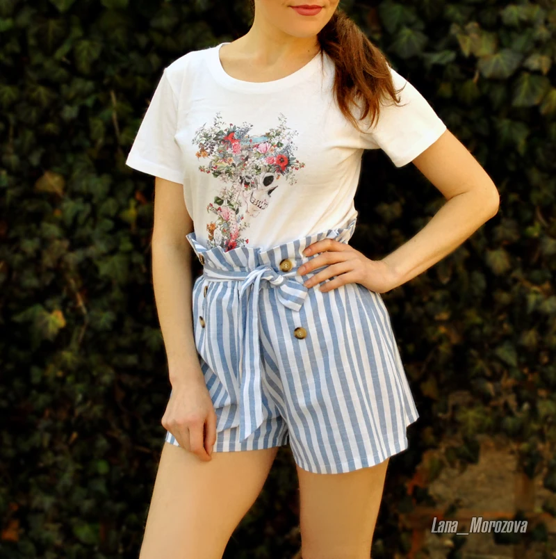 Blue High Waist Striped Sashes Shorts Women Summer Sexy Button Mini Shorts Harajuku Ladies Summer Shorts Female