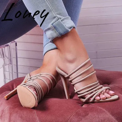 

Loney New Black Beige Open Toe HIgh Heel Slippers Narrow Band Thin HIgh Heels Shoes Women