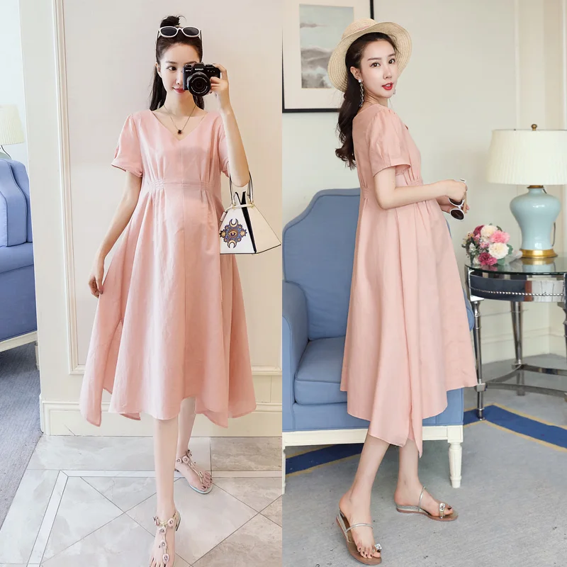 

New Summer Short Sleeve Dress Maternity Dresses Pregnant Clothes For Pregnant Women Pink Color Dress For Pregnant Gestante