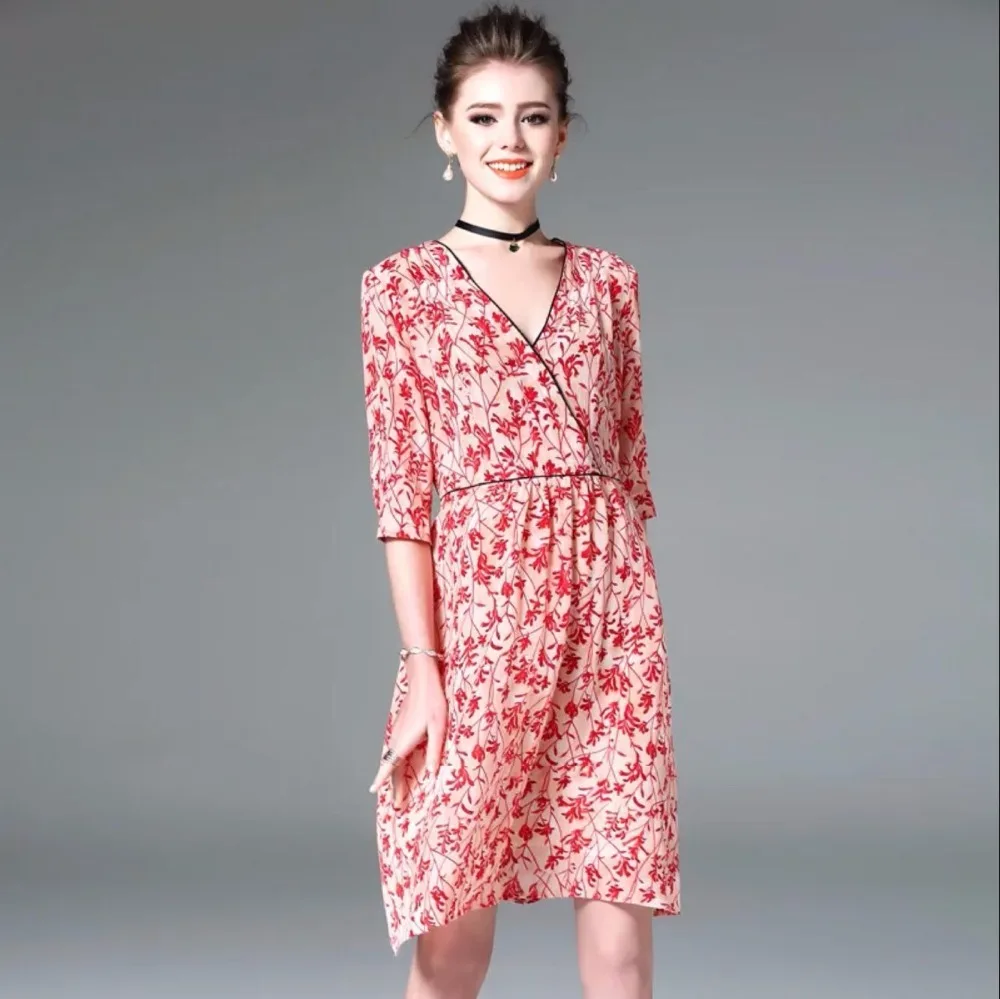 2017 Ladies Summer High End Dress Real Silk Print V neck A line Casual