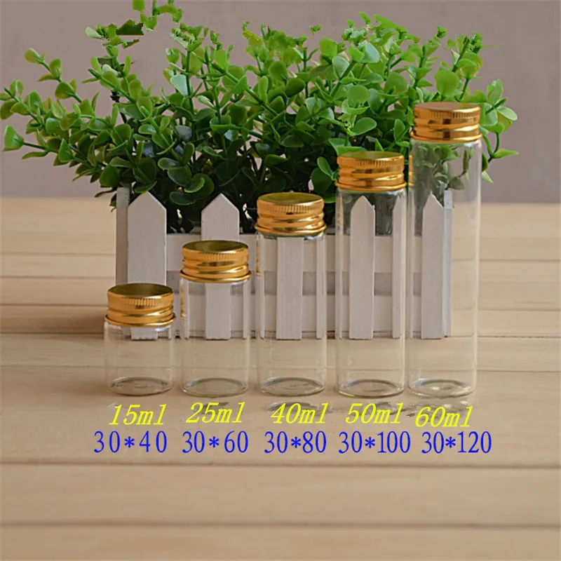 

15ml 25ml 40ml 50ml 60ml Mini Glass Bottles With Aluminum Screw Cap Empty Metal Lids Glass Vials Jars 50pcs Free Shipping