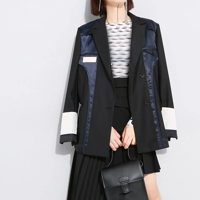 low cost  [EAM] 2020 New Autumn Winter Lapel Long Sleeve Hit Color Split Joint Loose Personality Jacket Women