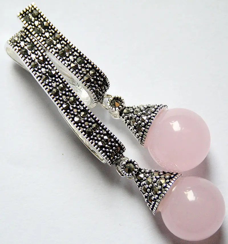 

12mm Two Round pink STONE 925 Sterling Silver Marcasite Pendant 58*20mm