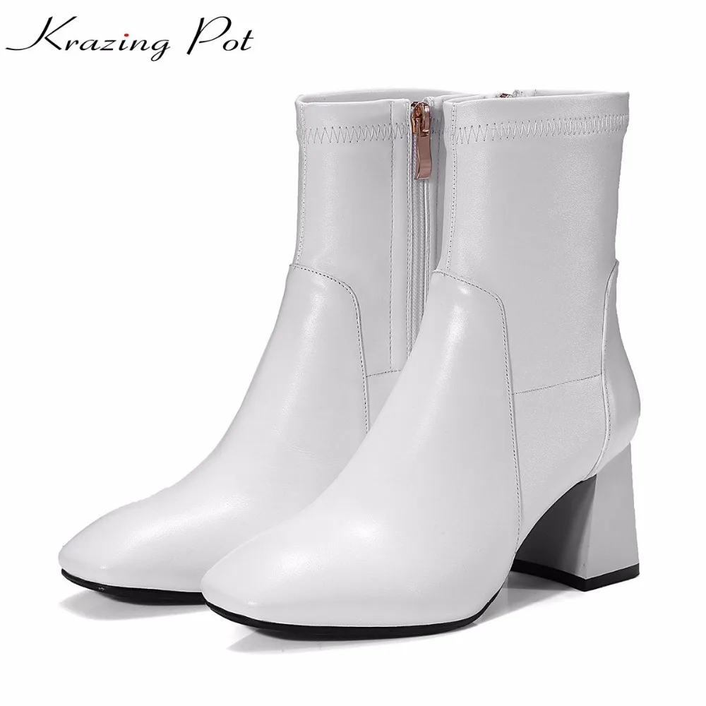 

Krazing Pot genuine leather winter boots square high heel hollywood superstar young lady simple style stretch mid-calf boots L61