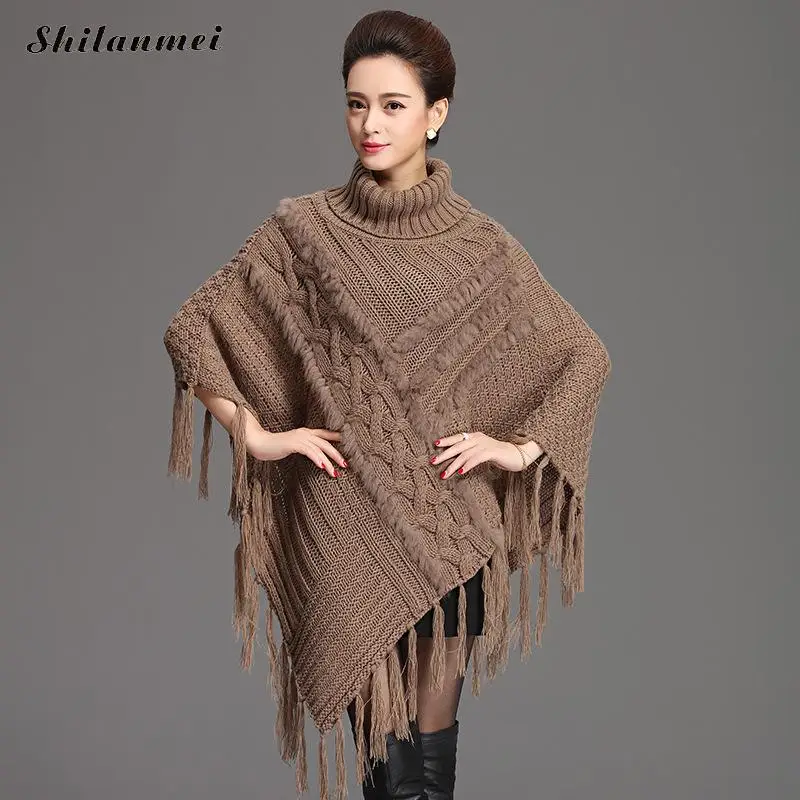 Pullover 2017 Winter Tassel Khaki Sweater For Women Gray Turtleneck Loose Cape Coat Casual Pull Femme Black Knitted Sweaters | Женская