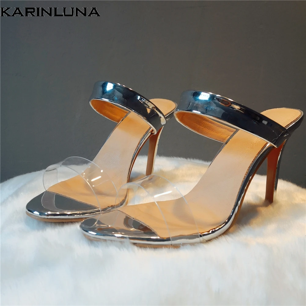 

Karinluna Luxury Large Size 47 Customized Sexy Party PVC Women Shoes Summer High Heels Shoes Woman Mules Pumps