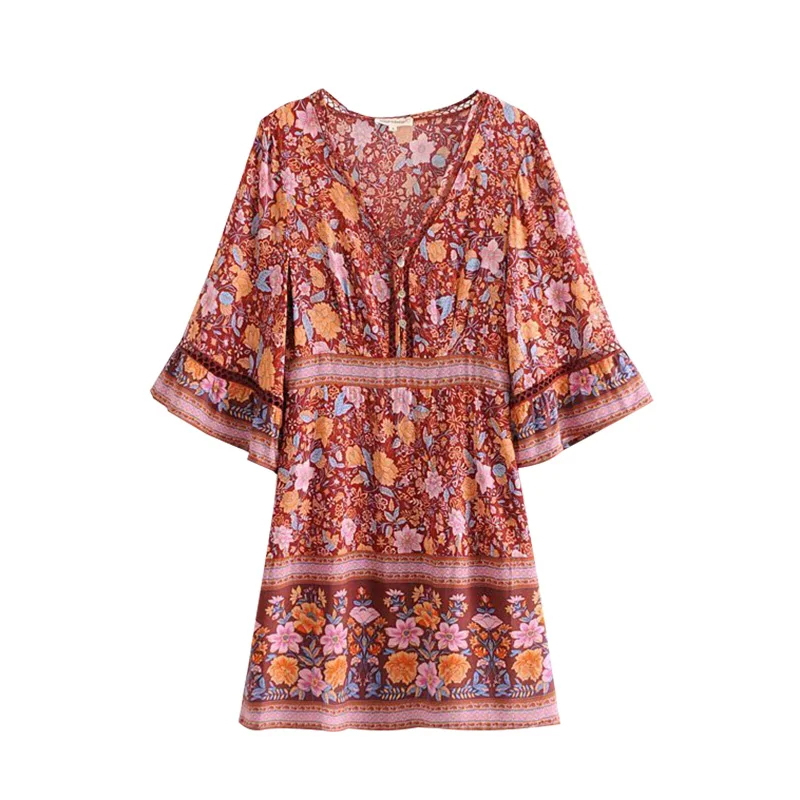 

GYPSY Boho Chic Summer Vintage Floral Print Patchwork Mini Dress Women Fashion V Neck Kimono Sleeve Beach Dresses Femme Vestidos