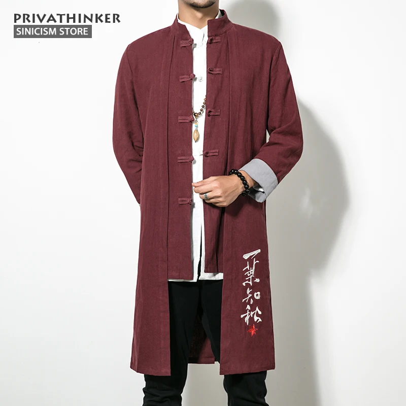 Sinicism Store 5XL длинная куртка Мужская Тренч 2017 хлопок льняная ткань мужская вышивка