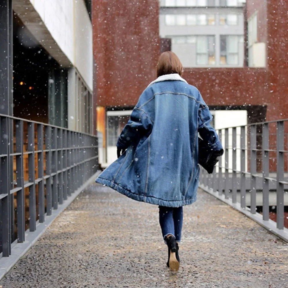 New  Women Warm Winter Long Sleeve Denim Jacket Pockets Long Jean Coat Outwear Overcoat casaco feminino 