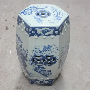 

New Chinese jingdezhen Porcelain ceramic drum stool prismatic type blue and white bird flower