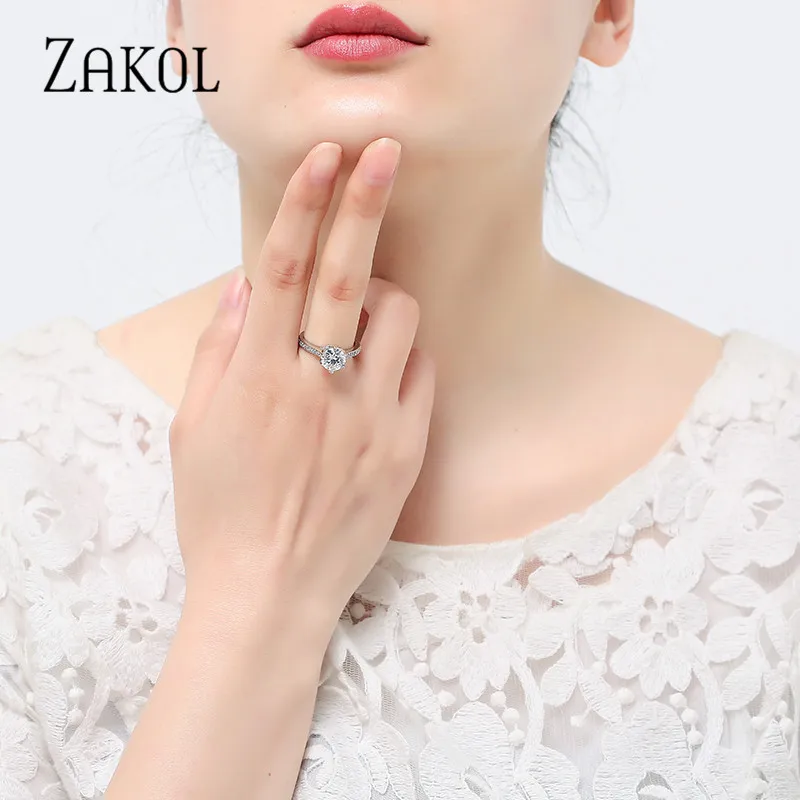 ZAKOL, классическое Кристальное свадебное кольцо на палец, ювелирное изделие, трендовые круглые кольца с кубическим цирконием AAA для женщин, подарки подружки невесты FSRP2042