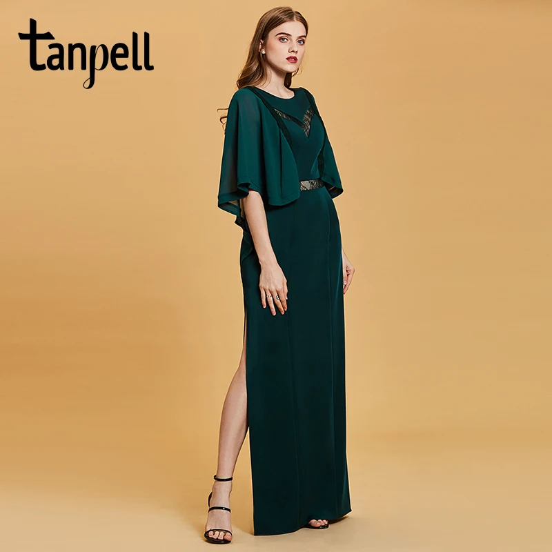 

Tanpell fashion plus evening dresses hunter scoop a line floor length dress chiffon half sleeves lace long evening gown