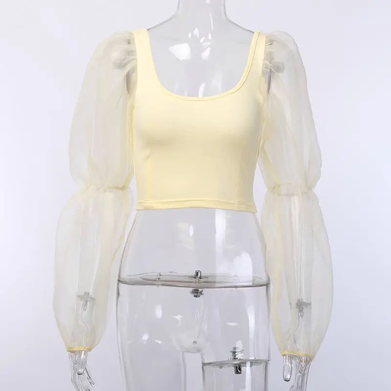 JOYINPARTY شبكة تقسم نفخة كم إمرأة قمم و البلوزات الأبيض أسود مثير خمر قميص المرأة أعلى الربيع 2019