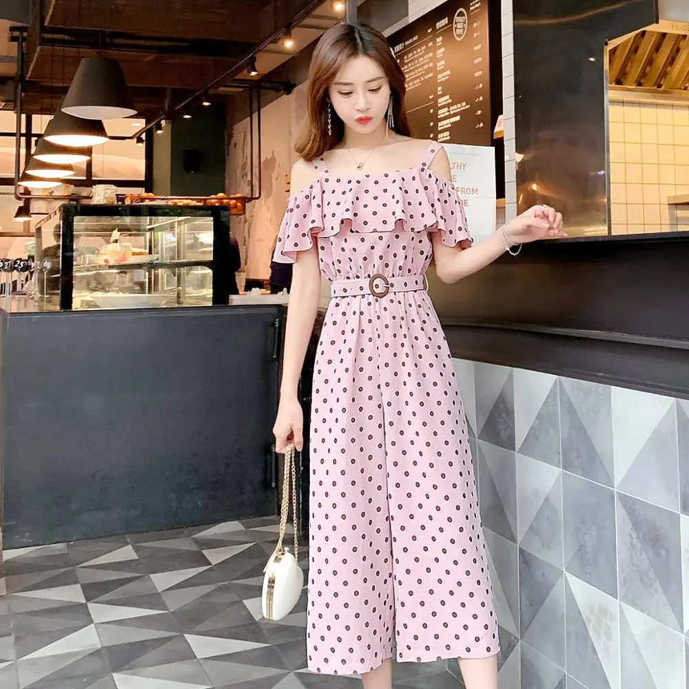 

2019 Summer New Fashion Sweet Korean Style Women's Clothing Sets Off-the-should Pink Dot Printed Jumpsuits For Young Lady A265