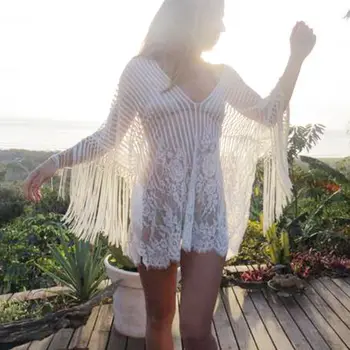 

Women Bathing Suit Lace Crochet Tassel Bikini Cover Up Swimwear Beach Dress