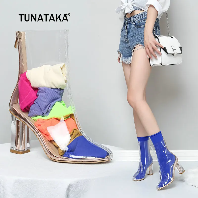 

2019 Spring Autumn Transparent Ankle Boots for Women Boots Clear Heels Woman Block High Heel Booties Zip Black Blue Rose Purple