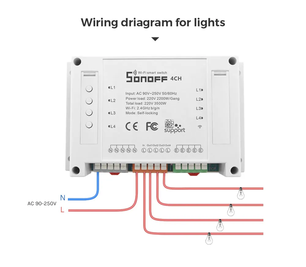 Sonoff 4CH R2 умный Wi-Fi переключатель домашний Wi-Fi светильник 4 банды 3 режима работы инчинг Блокировка для Alexa