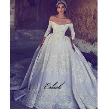 شراءالفاخرة الكرة ثوب الزفاف طويلة الأكمام قبالة الكتف ذيل طويل فستان زفاف يزين مطرز صد ثوب زفاف HA022