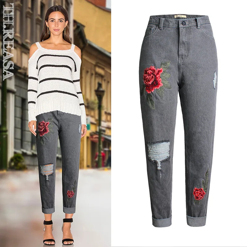 High Waist Embroidery Straight Pants Women Europe and America Fashion Hole Gray Ripped Jeans