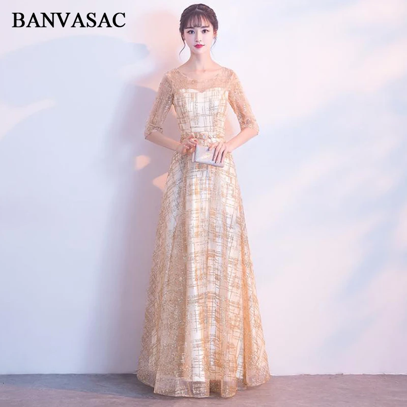 

BANVASAC 2018 A Line Sequined O Neck Crystal Sash Long Evening Dresses Party Lace Half Sleeve Backless Prom Gowns