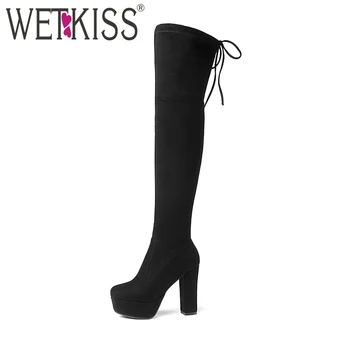 

WETKISS Big Size 34-43 Women Over Knee Boot Flock Sexy Stretch Thigh High Boot Thick High Heels Winter Platform Shoes Lady