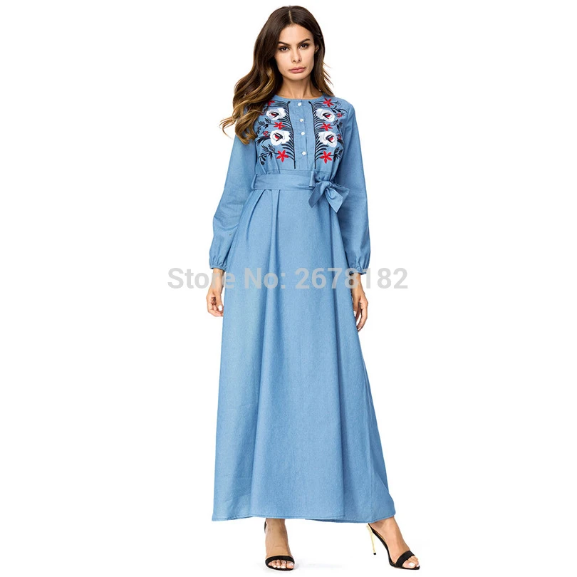 Небесно-голубое длинное джинсовое платье с длинными рукавами и поясом, джинсовые платья с вышивкой по щиколотку для Дубая, кафтан, Анаркали Абая, для мусульман abaya