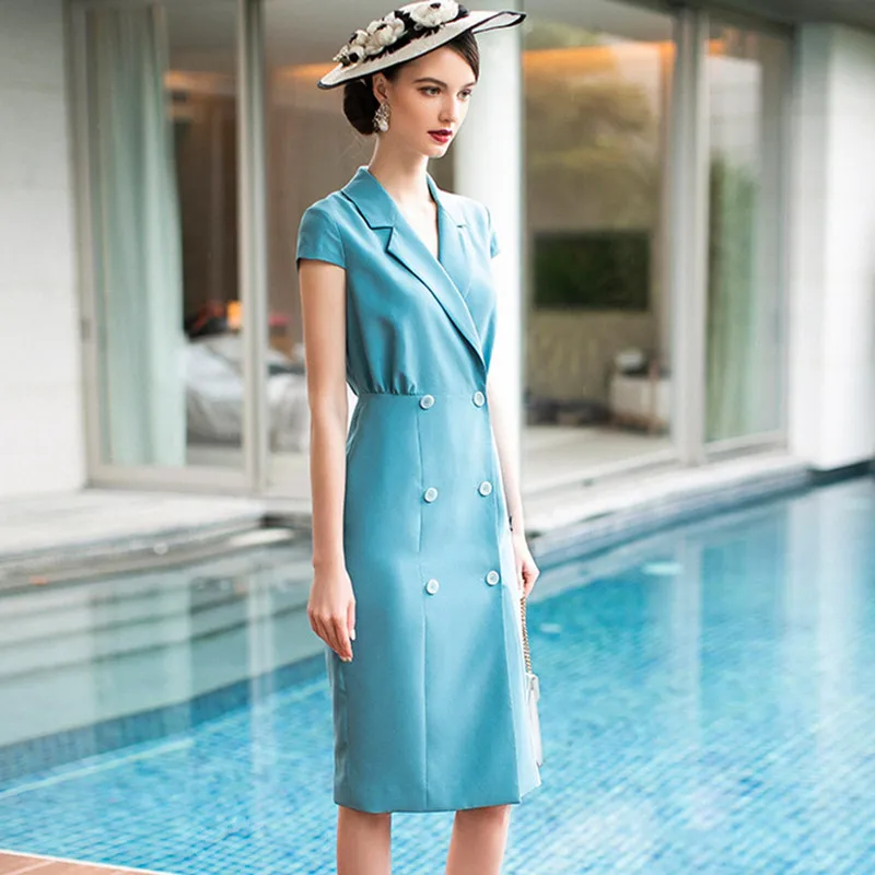 

Dress Women OL Office Ladies Classic Blue Luxury Elegant Business Work Formal Wear Double Breasted 2019 Summer Pencil Dress