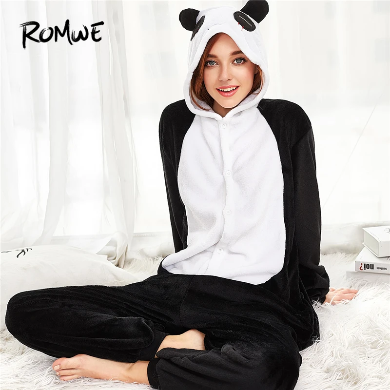 

ROMWE Black and White Pajama Women Animal Pajamas Girl Warm Soft Plush Panda Onesie Hooded Nightgowns Winter Cute Sleepwear